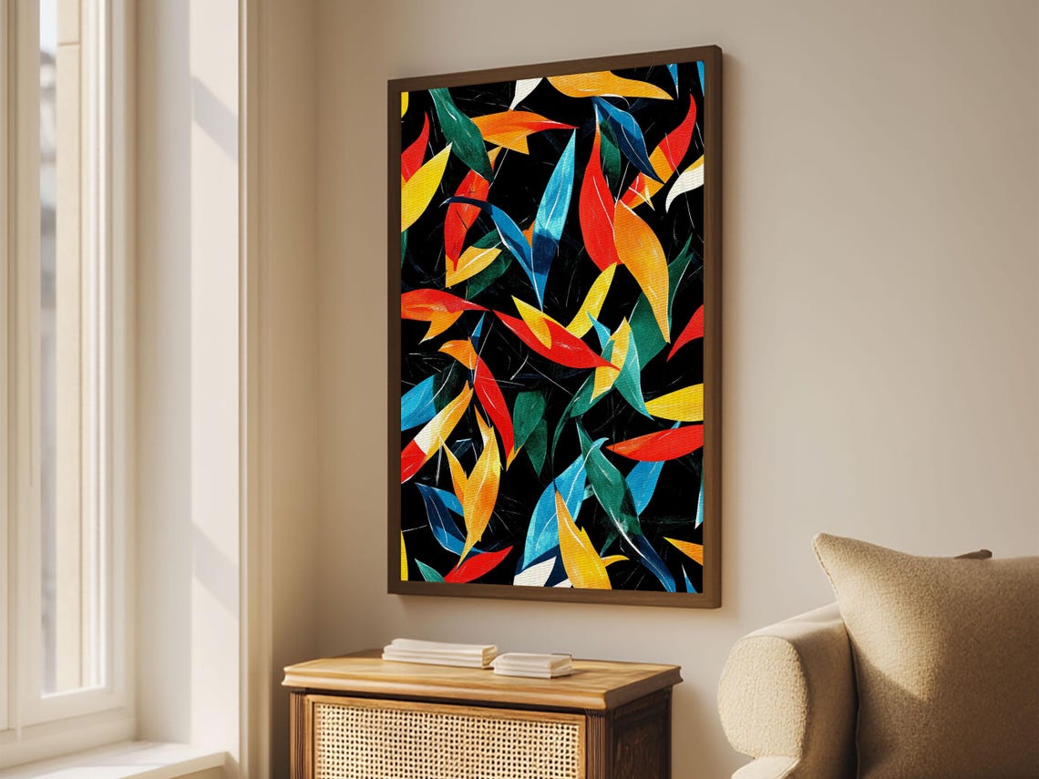 Colorful Autumn Leaves Pattern On Black Retro Mid Century Style Poster - Image 2