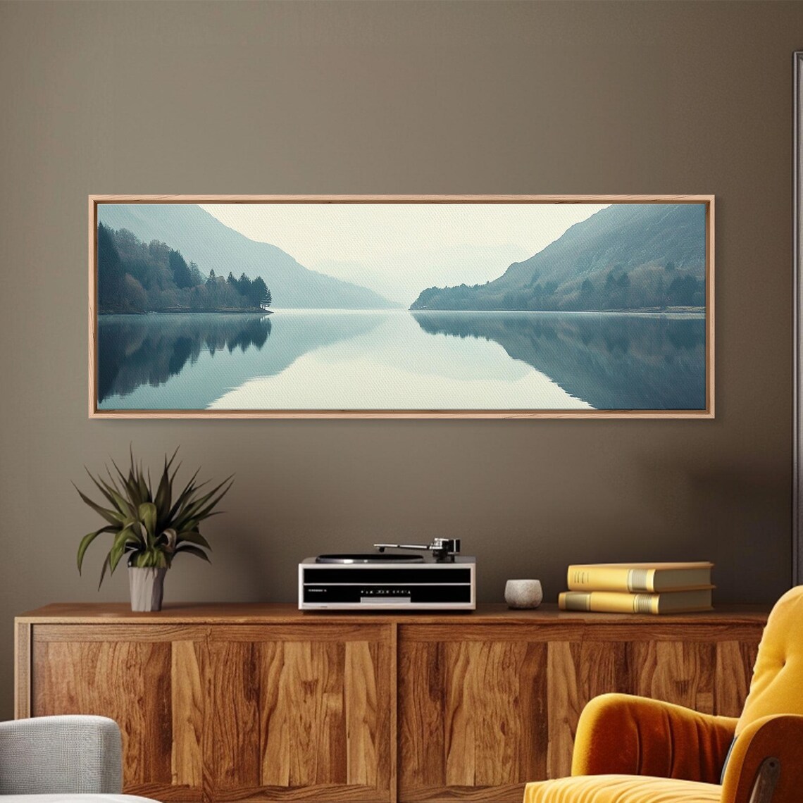 Reflections On An Overcast Day Framed Print Moody Decor Foggy Landscape Painting Panoramic Wall Art - Image 2