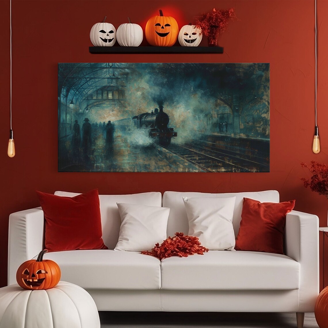 Haunted Steam Train Misty Victorian Station Night Spooky Halloween Wall Art - Image 6