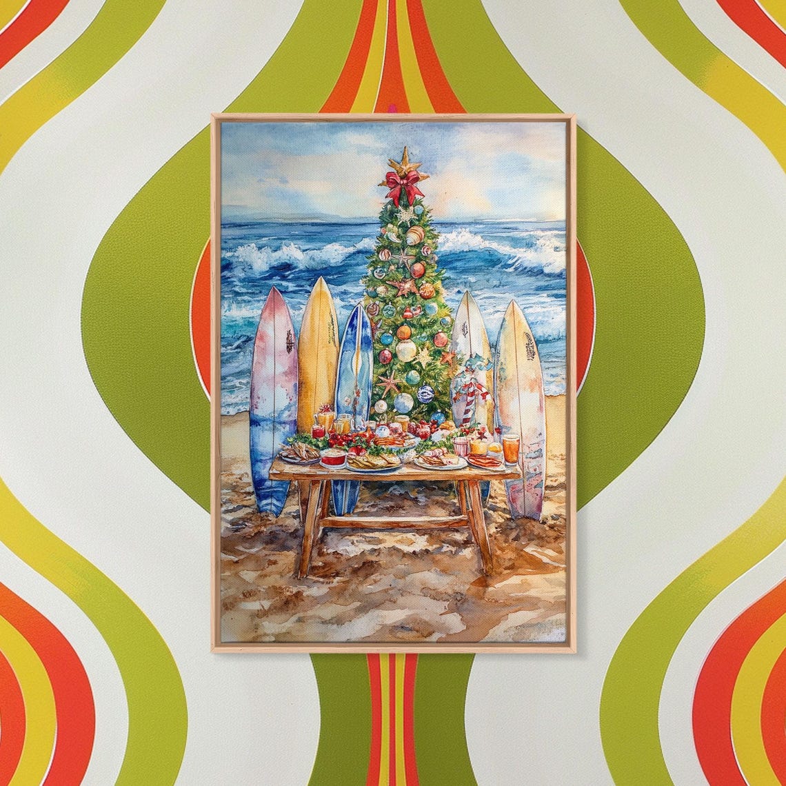 Beach Christmas Tree With Surfboards Holiday Feast Scene Poster - Image 4