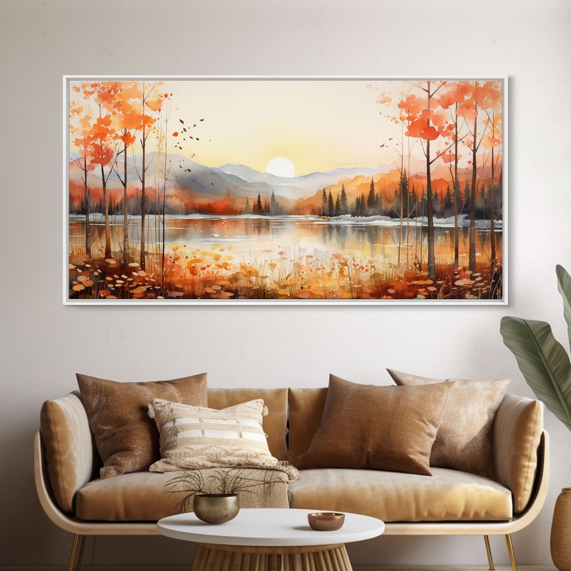 Autumn Sunset Lake Orange Trees Misty Mountains Watercolor Poster - Image 5