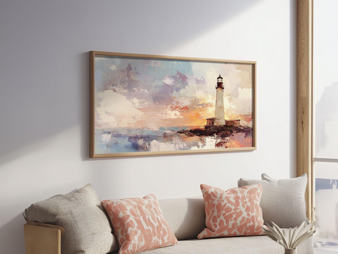 Lighthouse at Sunset Oil Painting Tall White Tower Rocky Shore Art Print - Image 5
