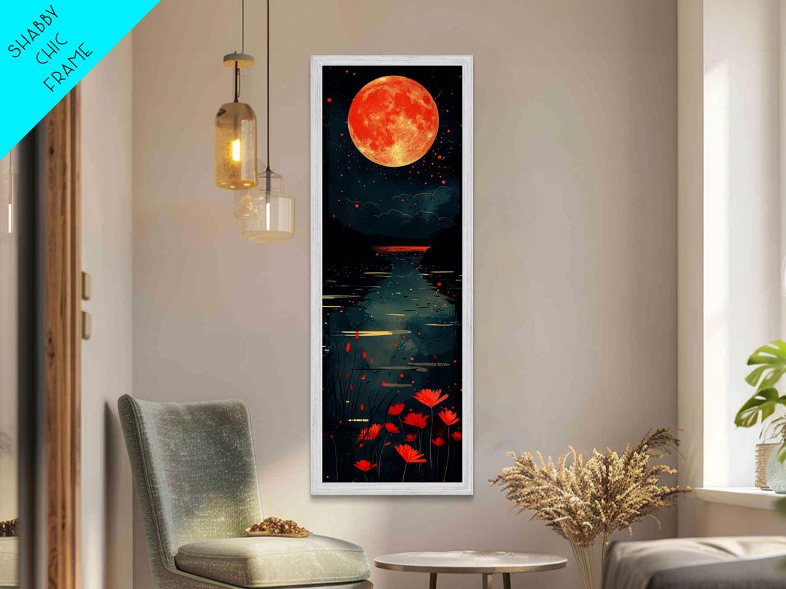 Vibrant Full Moon Over Lake Night Reflection Floral Art Print - Image 4