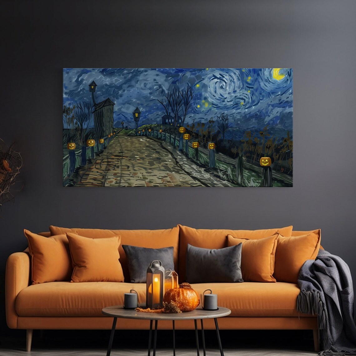 Starry Night Haunted Bridge Jack O Lanterns Moonlit Walkway Halloween Poster - Image 3