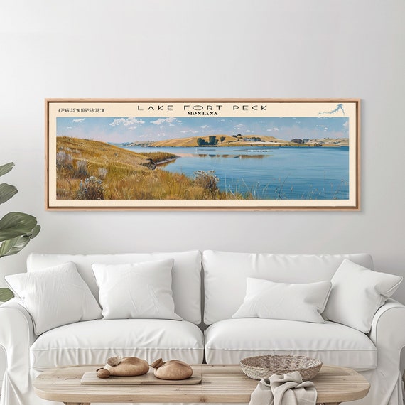 Lake Fort Peck Framed Print Lake House Decor Panoramic Wall Art Travel Poster Scenic Lake Painting Nature Art