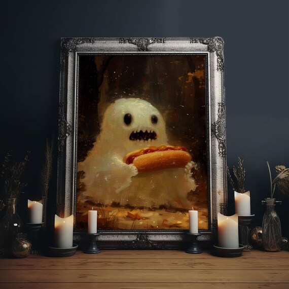 Cute Chubby Ghost Eating Hot Dog Autumn Forest Funny Art Poster