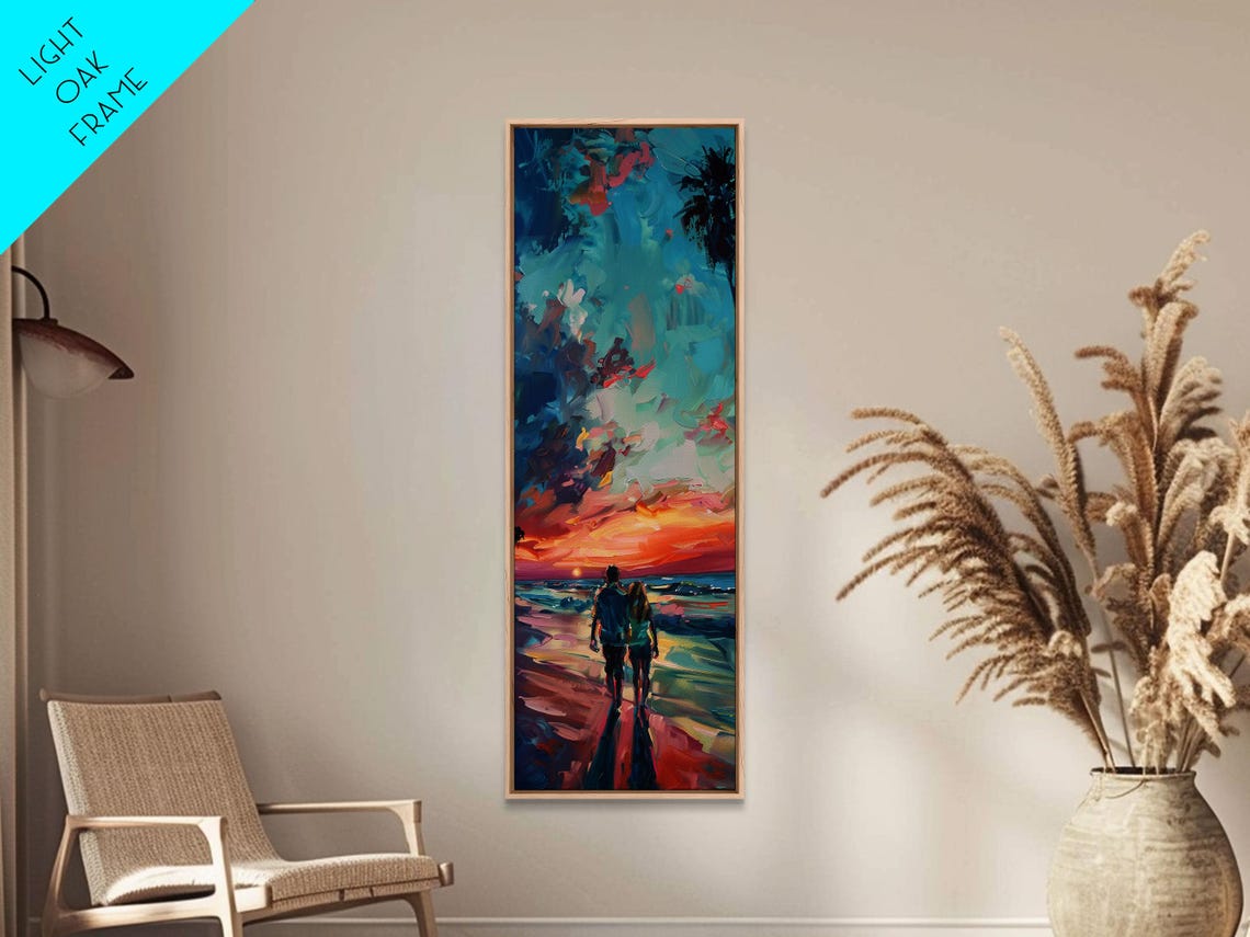 Framed Oil Painting Of Sunset On Beach Coastal Wall Art Print Colorful Beach Art Impasto Painting Long And Narrow Landscape Art - Image 2