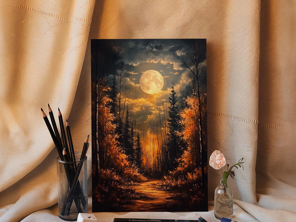 Full Moon Over Spooky Autumn Forest Golden Night Path Art Print - Image 3