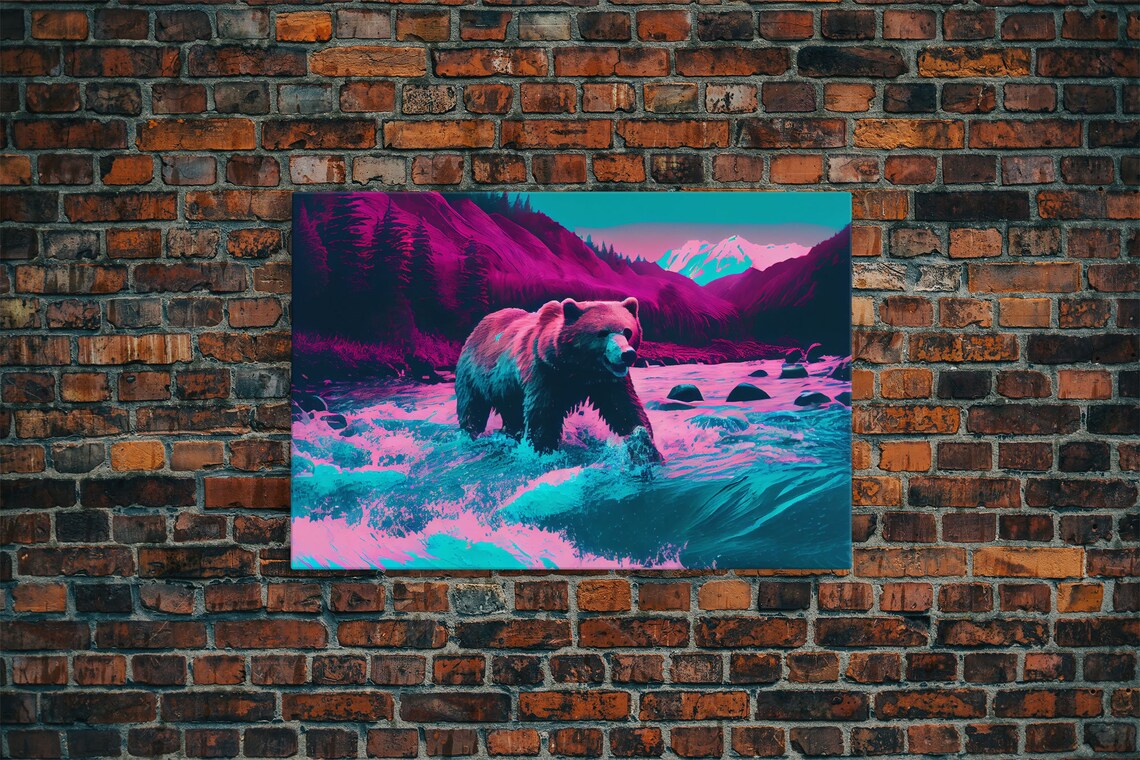 Grizzly Bear Crossing A River, Vaporwave Art Print