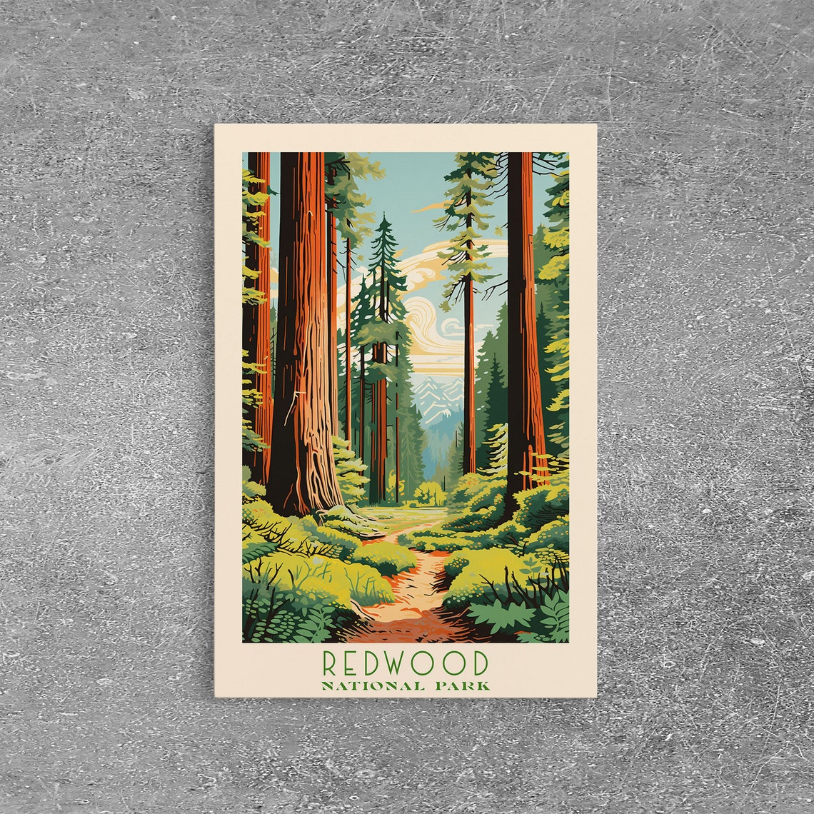 Redwood National Park California Travel Art National Park Print Minimalist Travel Art Midcentury Modern Retro Style Landscape