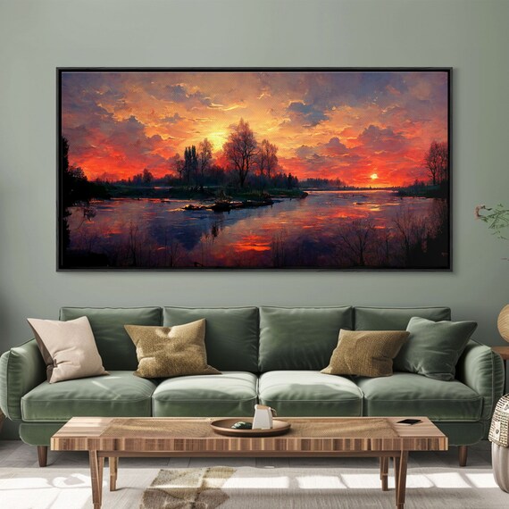 Lake Sunset Oil Painting, Nature Landscape Art Print