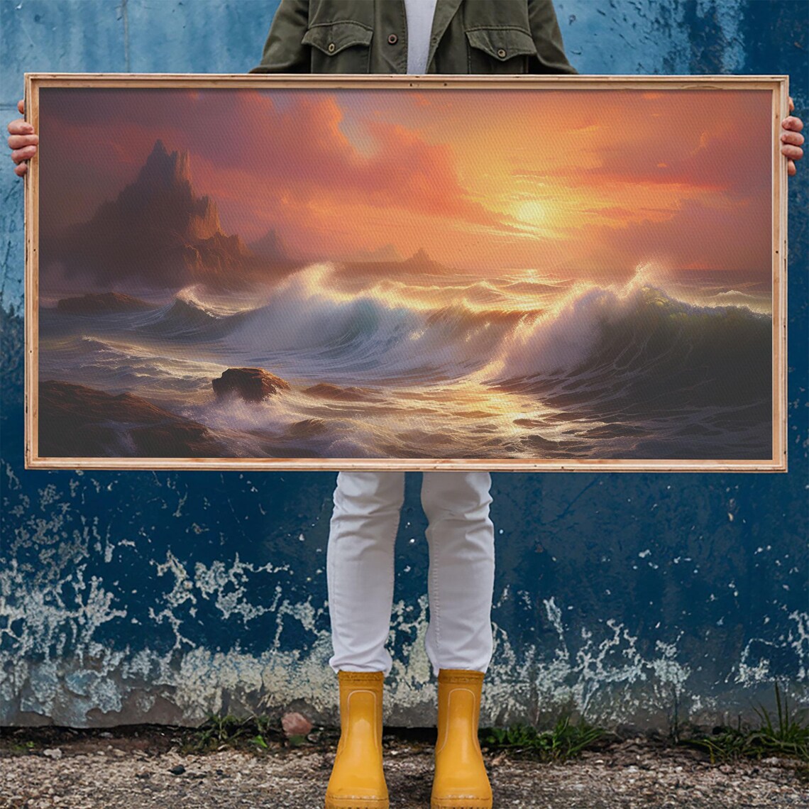 Dramatic Ocean Sunset Cliffs Crashing Waves Seascape Painting Wall Poster - Image 6
