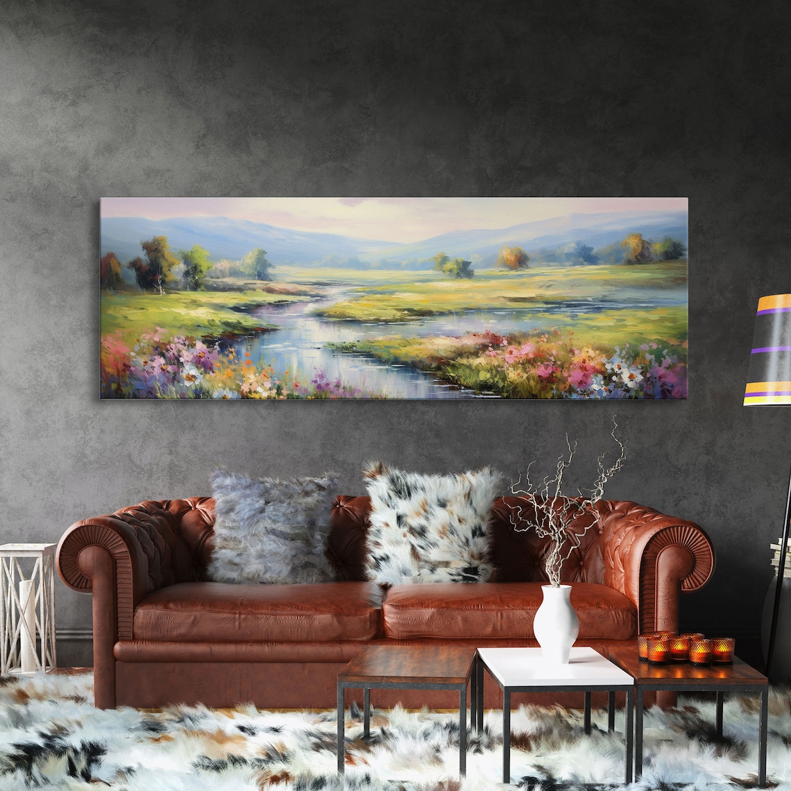 Spring Meadow River Wildflowers Soft Hills Impressionist Nature Print - Image 3
