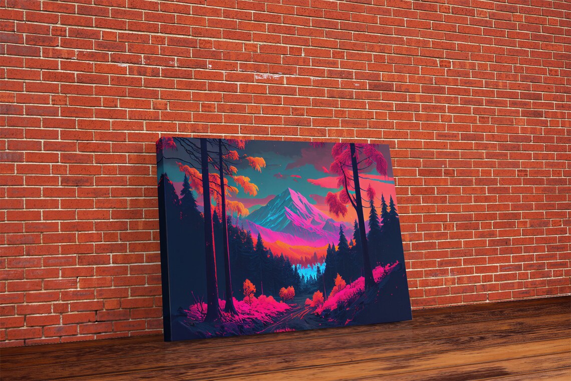 Synthwave Mountain and Forest Watercolor Art Print