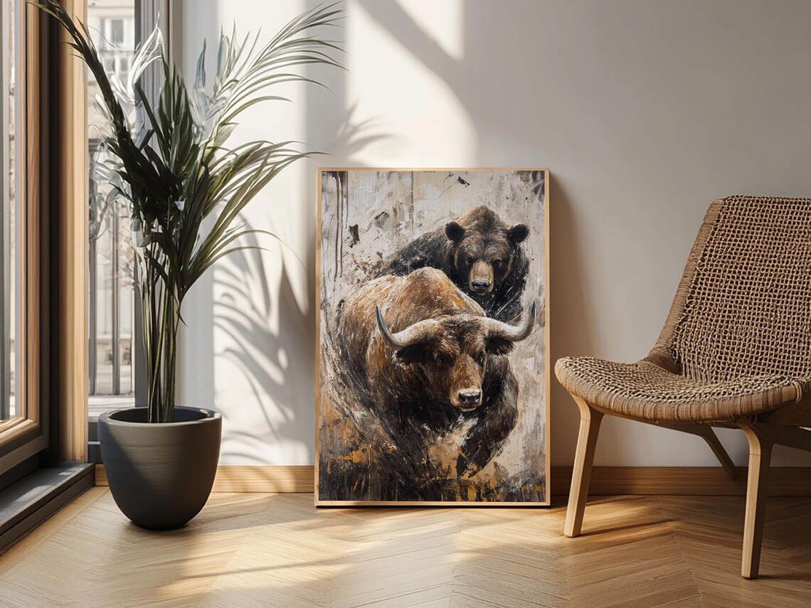 Longhorn Bull Bear Standing Together Rustic Wild Animal Art Wall Poster - Image 3