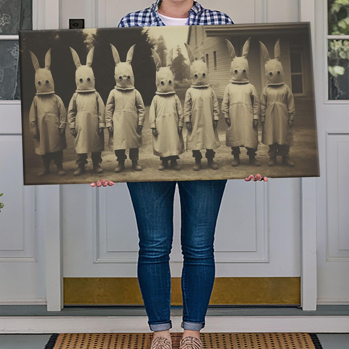 Seven Children In Bunny Masks Vintage Sepia Photo Creepy Art Print - Image 4