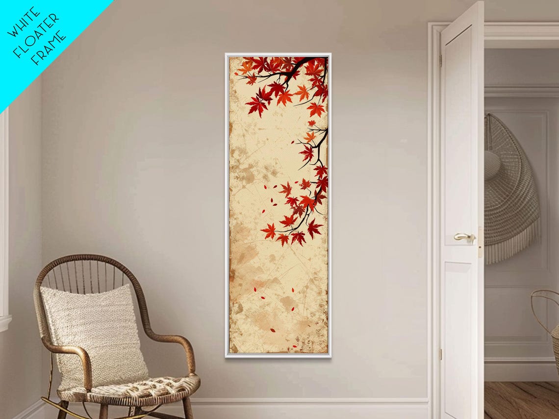 Vintage Maple Branch Red Autumn Leaves Cream Tall Decor Print