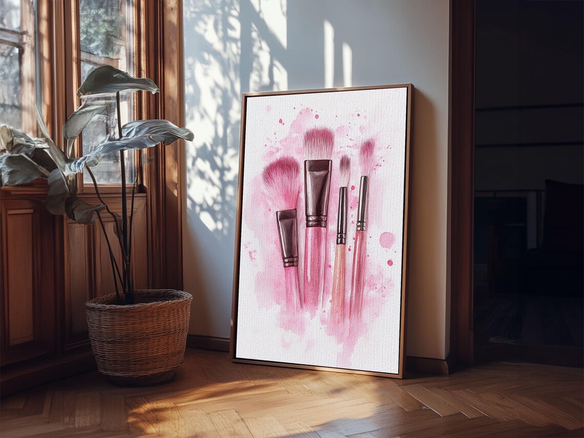 Pink Makeup Brushes Watercolor Canvas Print Feminine Vanity Wall Poster - Image 3