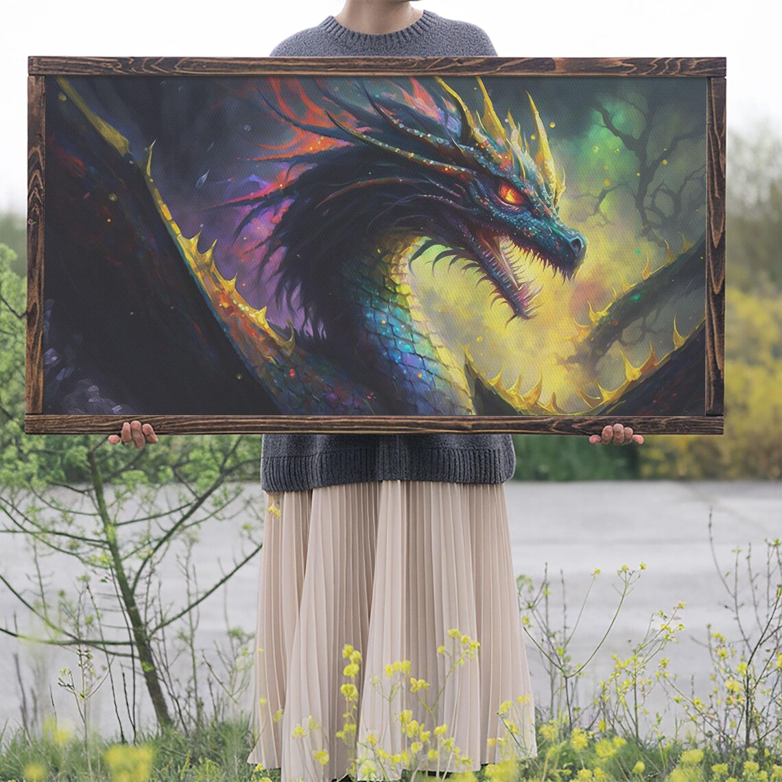 Psychedelic Dragon Head Iridescent Scales Golden Horns Dark Wall Poster - Image 2
