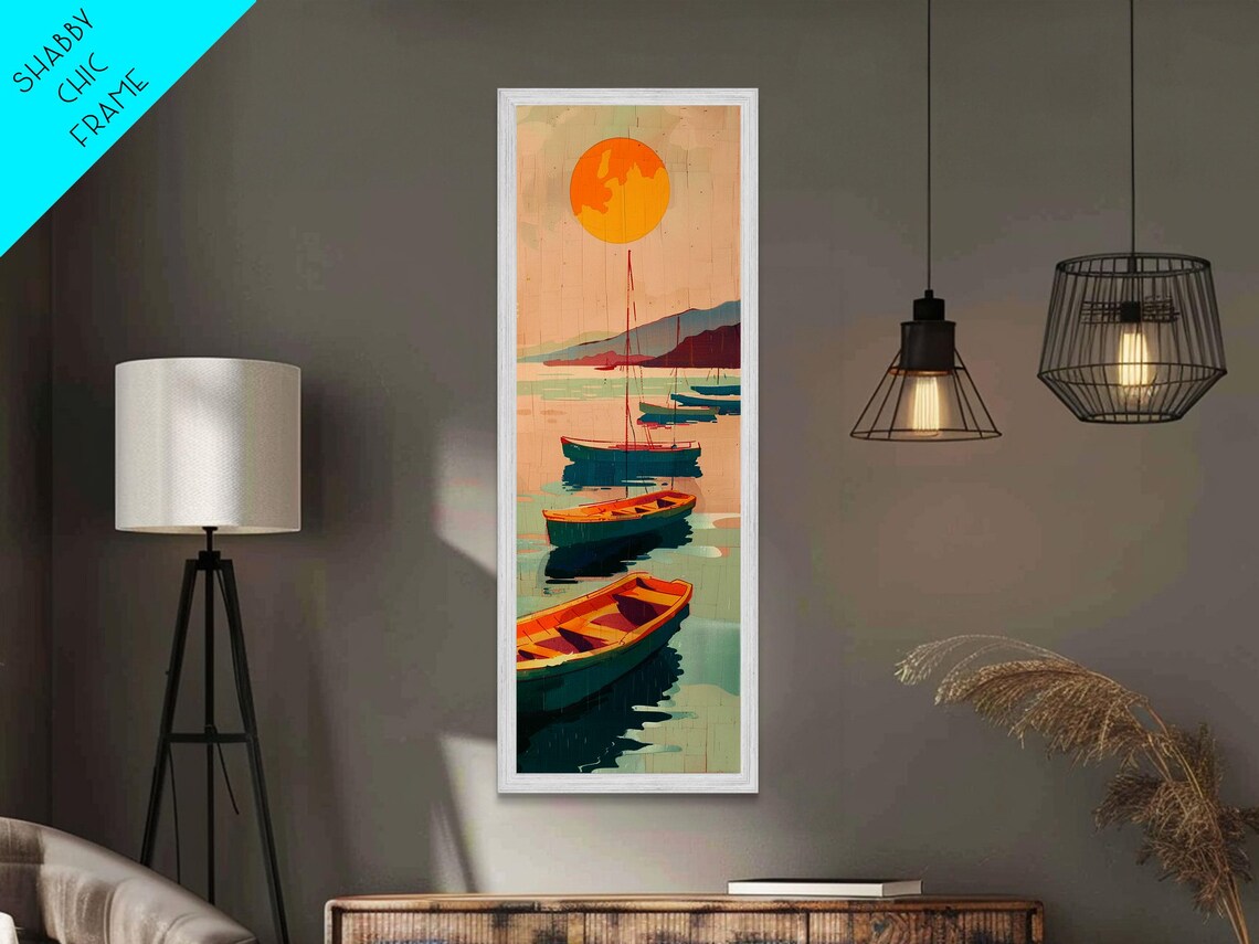Rowboats And Golden Sun On Calm Water Skinny Art Wood Block Print Japanese Style Art Framed Print Tall Art Ukiyo E Art - Image 6