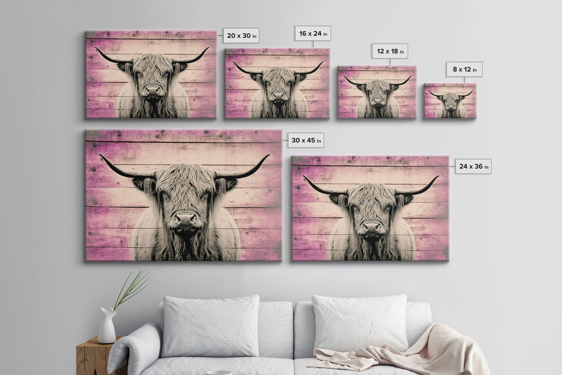 Pink Rustic Cattle Art Framed Print Framed Wall Art Primitive Rustic Minimalist Farmhouse Decor Highland Cattle Distressed Art - Image 2