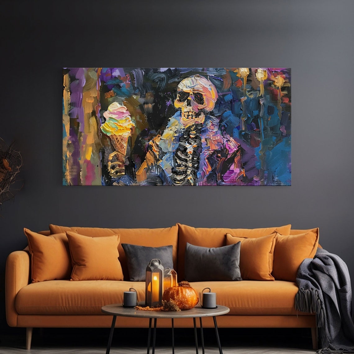 Skeleton Eating Ice Cream Cone Colorful Impasto Halloween Art Print - Image 3