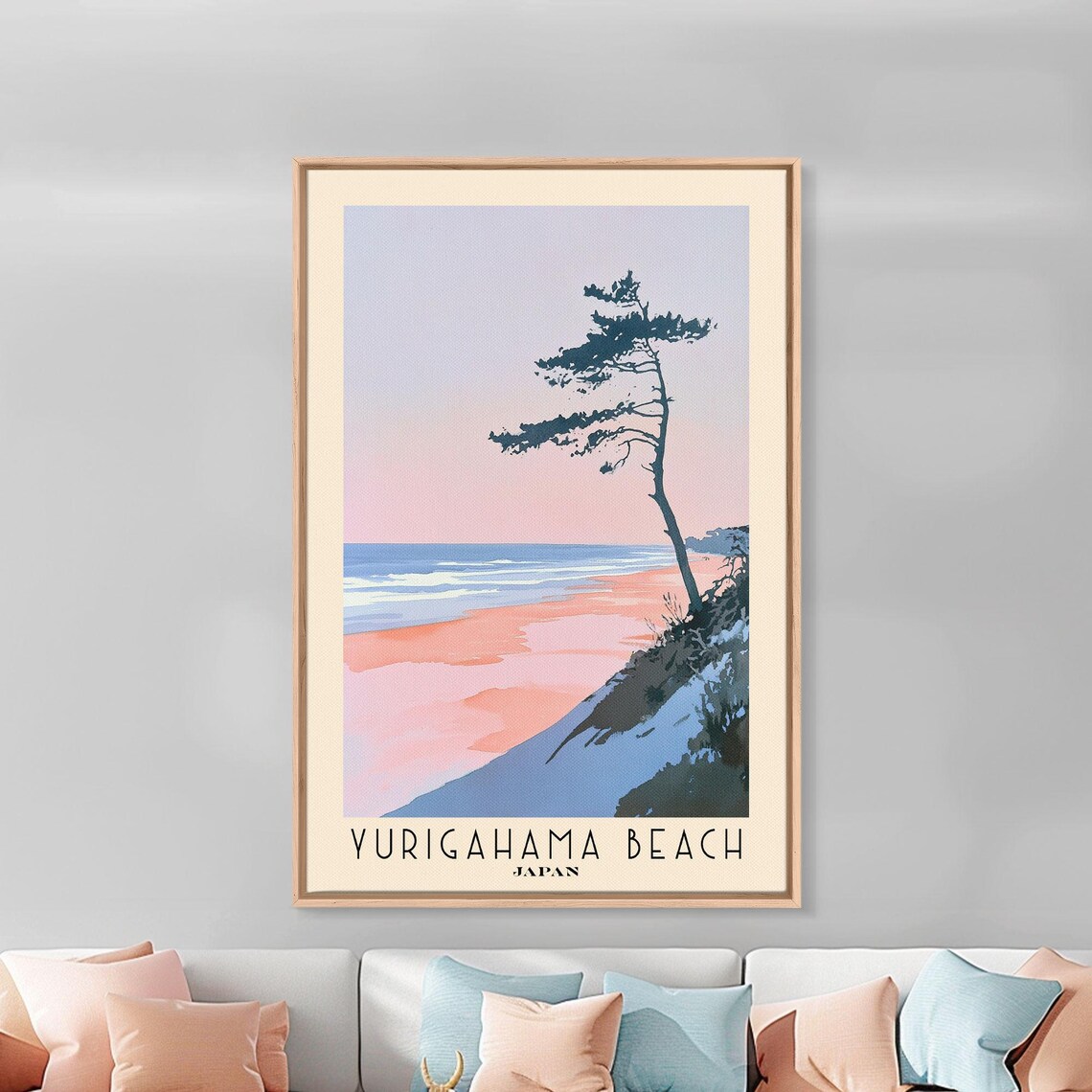 Yurigahama Beach Japan Pink Sunset Pine Tree Watercolor Poster - Image 2