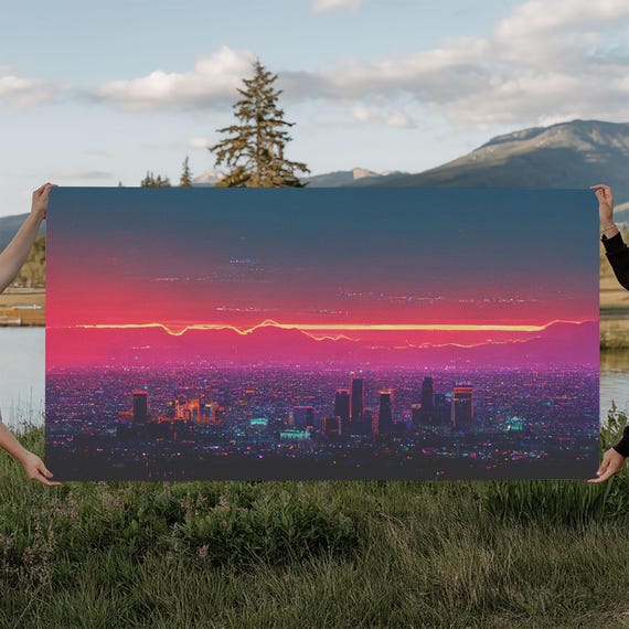 Los Angeles Wall Art California At Sunset Print Outrun Style Vapor Wave Synth Wave Sunset Ready To Hang Wall Art