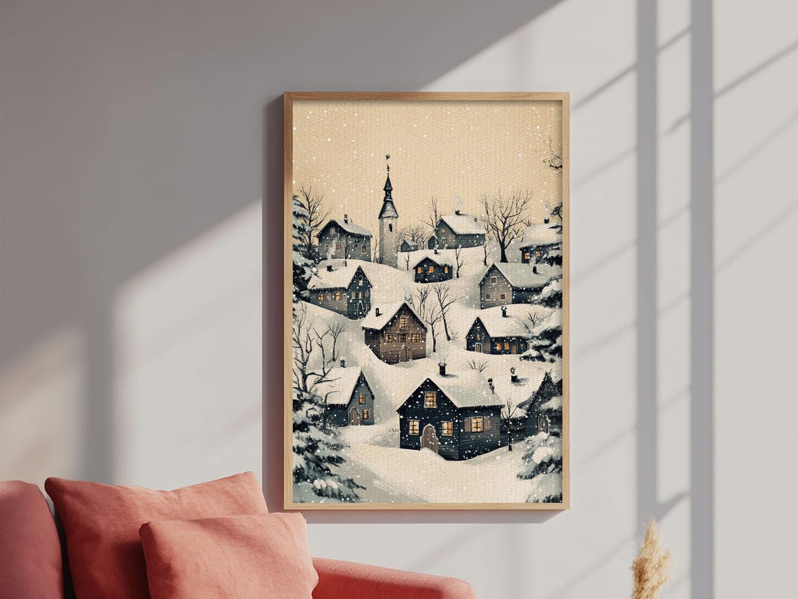 Snowy Winter Village With Church Minimalist Night Landscape Art Print - Image 5