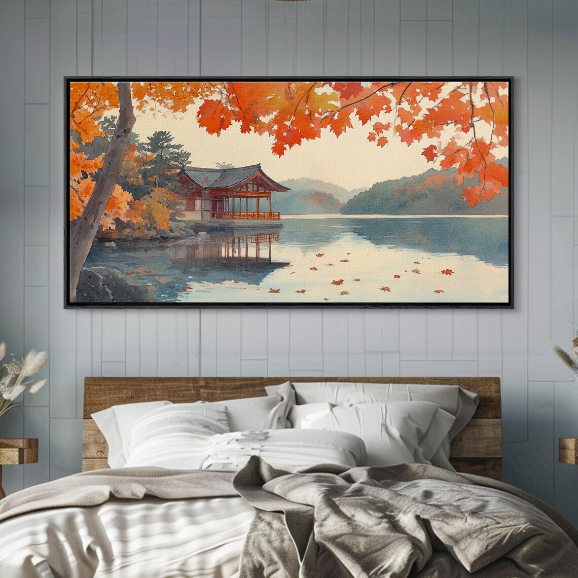 Autumn Japanese Lake House Red Maple Trees Watercolor View Poster - Image 4