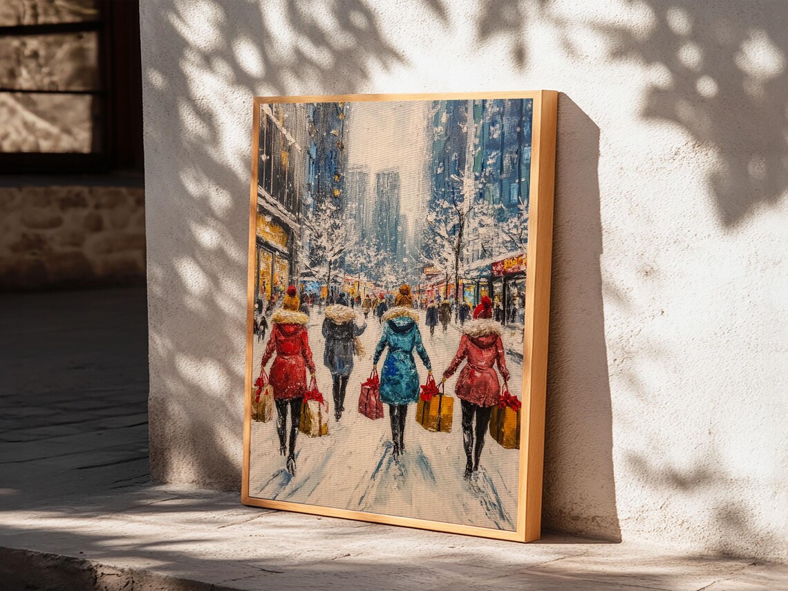Vintage Christmas Town Street With Holiday Shoppers Snow Scene Art - Image 4