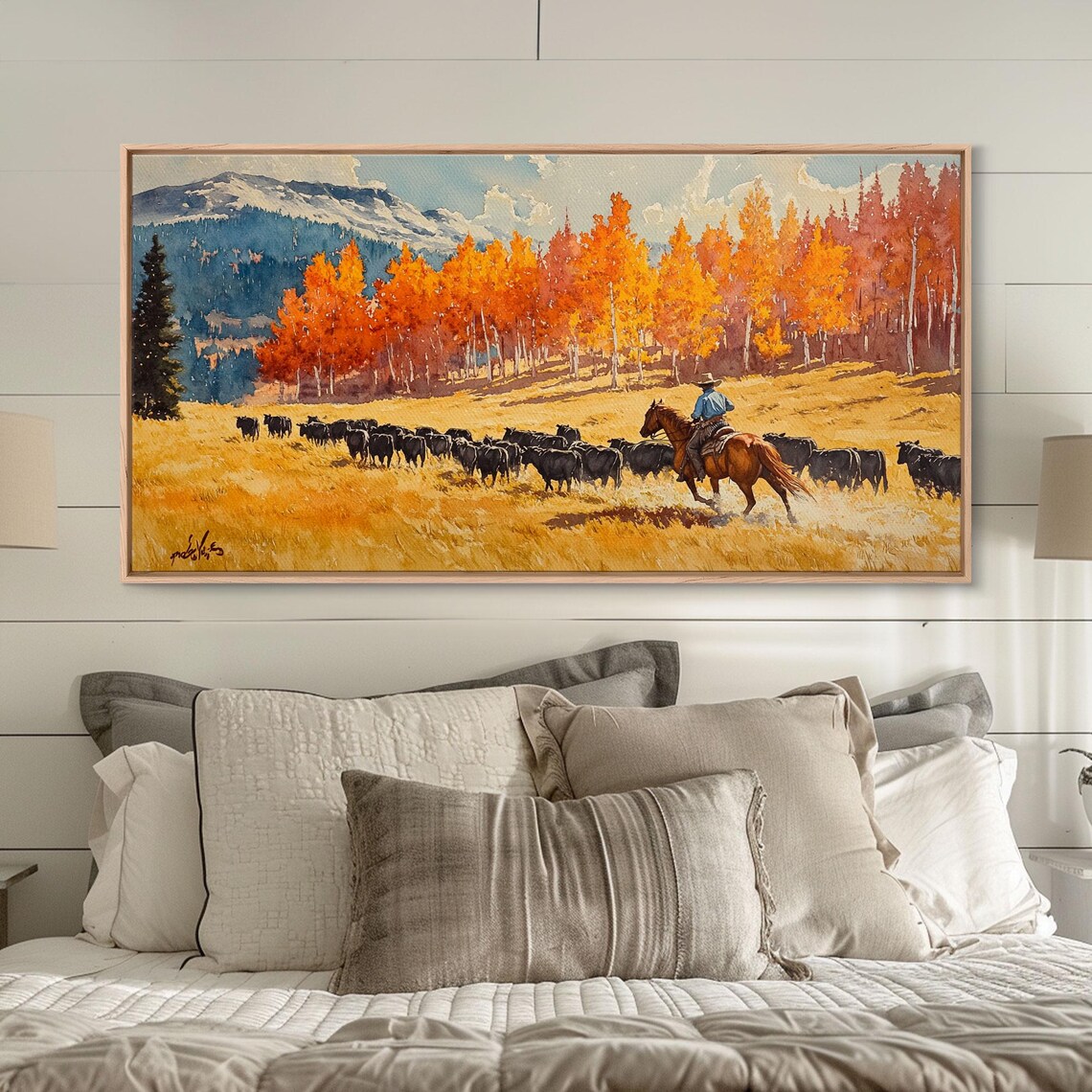 Cowboy Herding Cattle Under Mountains, Western Art Print - Image 3