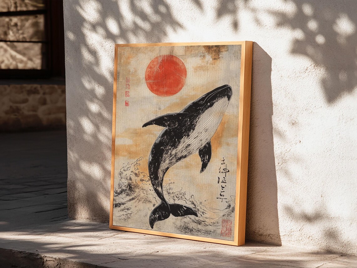 Japanese Ink Whale Under Red Sun Ocean Vintage Style Wall Poster - Image 3