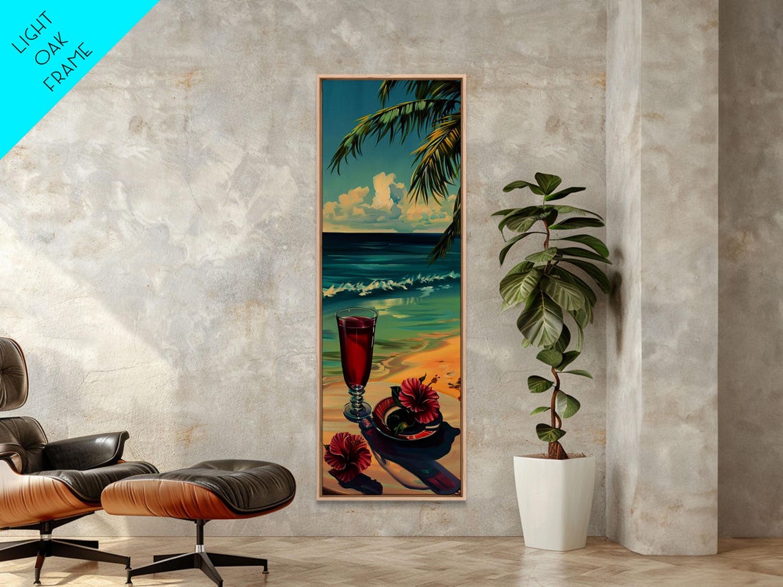 Beach Cocktail Sunset Tropical Hibiscus Palm Ocean Scene Wall Art - Image 6