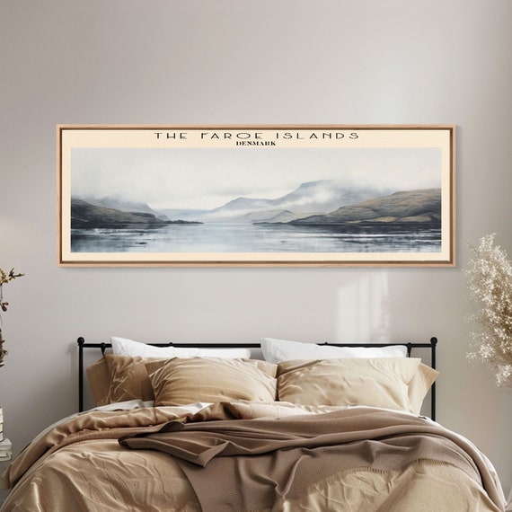 The Faroe Islands Travel Art Framed Print Denmark Home Decor Travel Poster Vintage Wall Art Panoramic Watercolor Painting