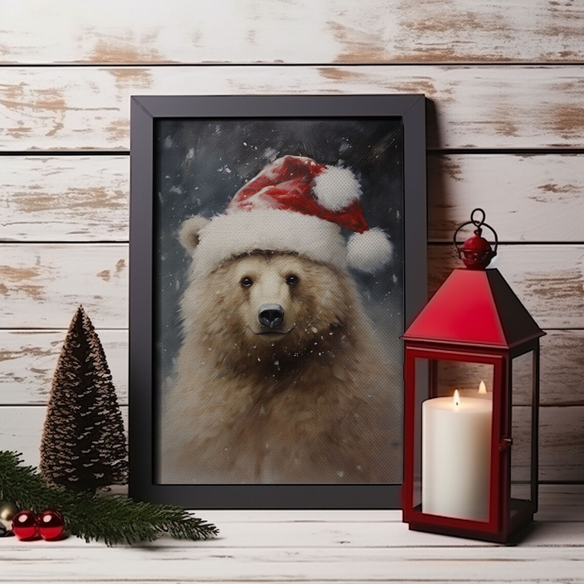 Cute Fluffy Brown Bear Wearing Red Santa Hat Snow Christmas Poster - Image 5