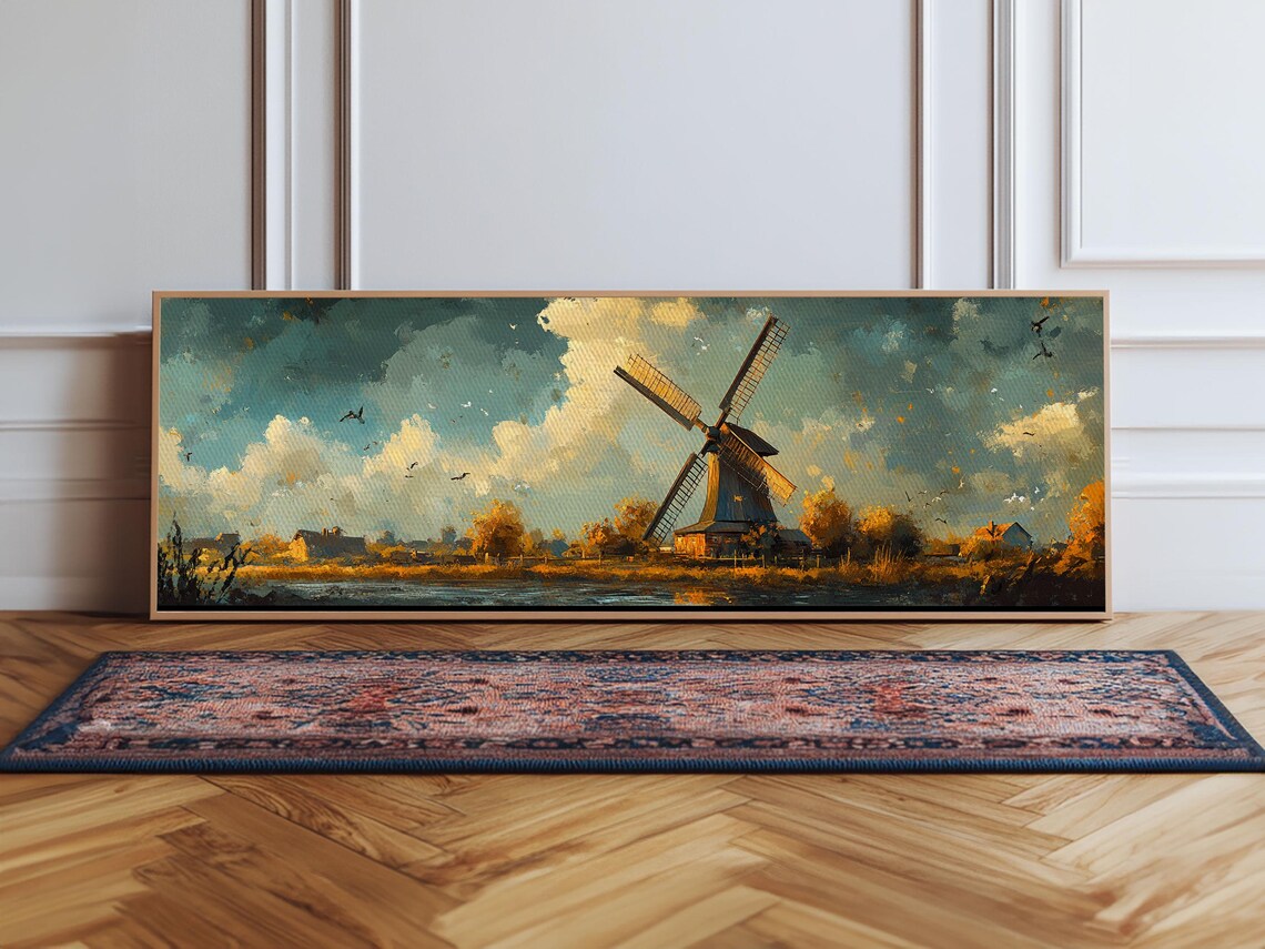 Autumn Windmill Scene Framed Print Rustic Fall Farmhouse Art Moody Living Room Wall Art Horizontal Panoramic Decor Gift Idea - Image 3