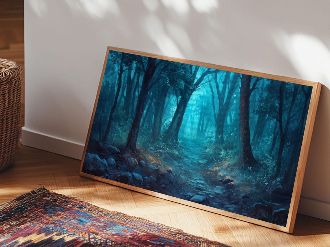 Dark Misty Forest Path Teal Fog Moody Woodland Painting Art Poster - Image 4