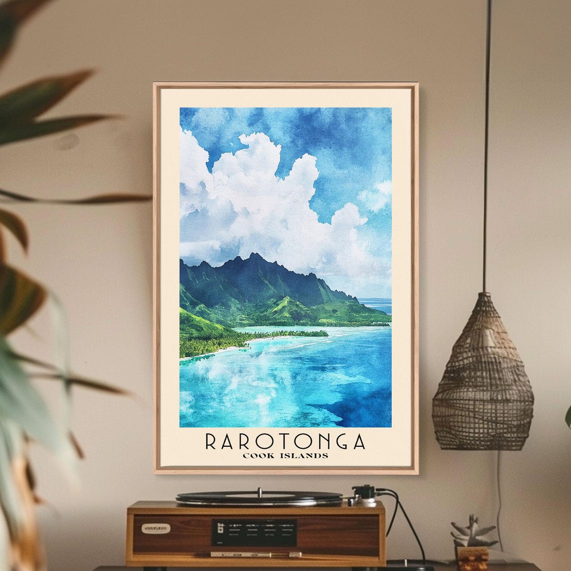 Rarotonga Cook Islands Volcanic Peak Lagoon Watercolor Travel Poster - Image 3