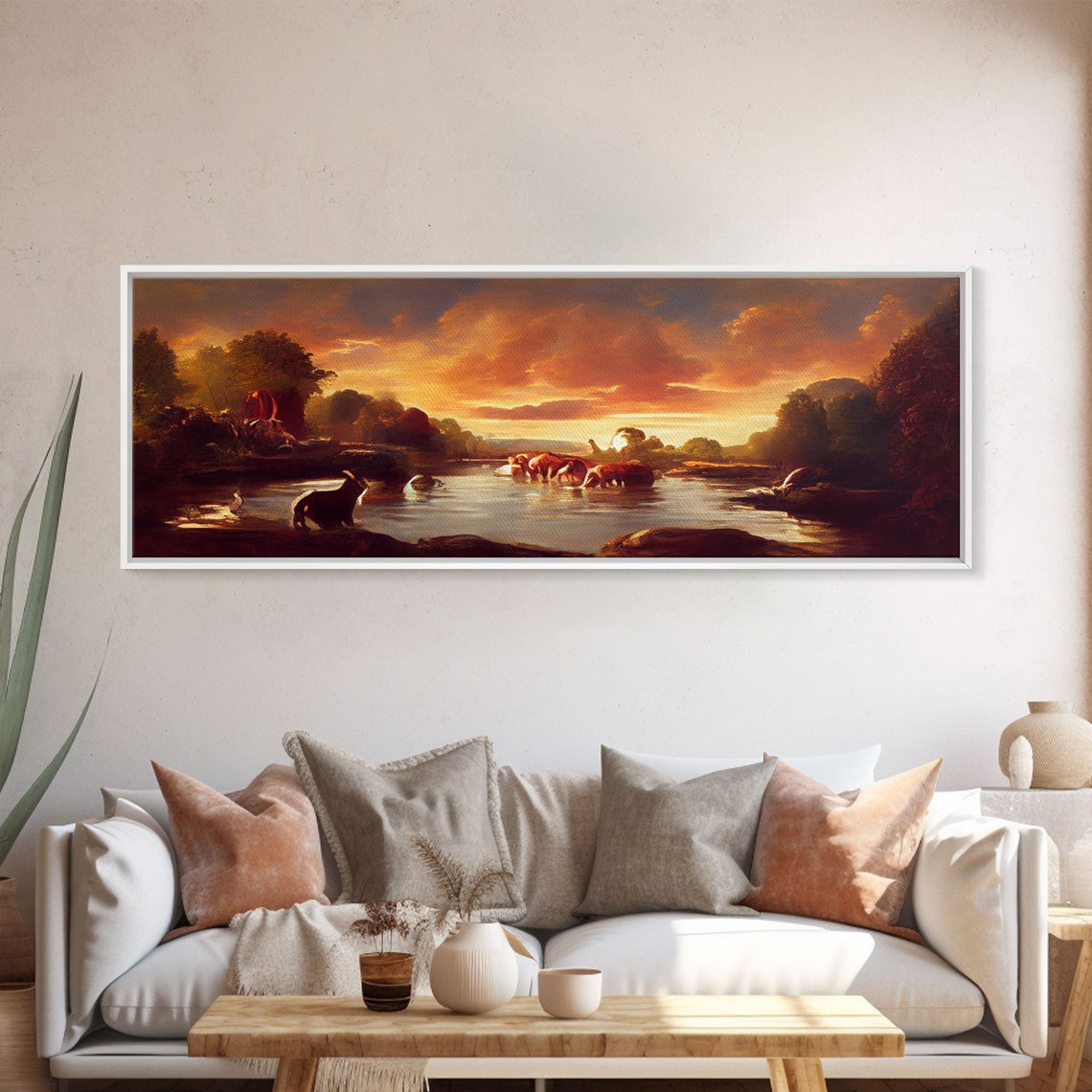Prehistoric Dinosaur Abstract Landscape Art Ready To Hang Print Panoramic Art Dinosaurs At Sunset - Image 5