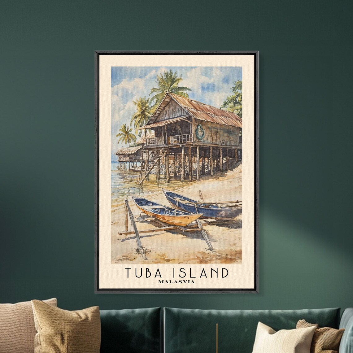 Tuba Island Malaysia Stilt Fishing Huts Wooden Boats Palm Trees Poster - Image 5