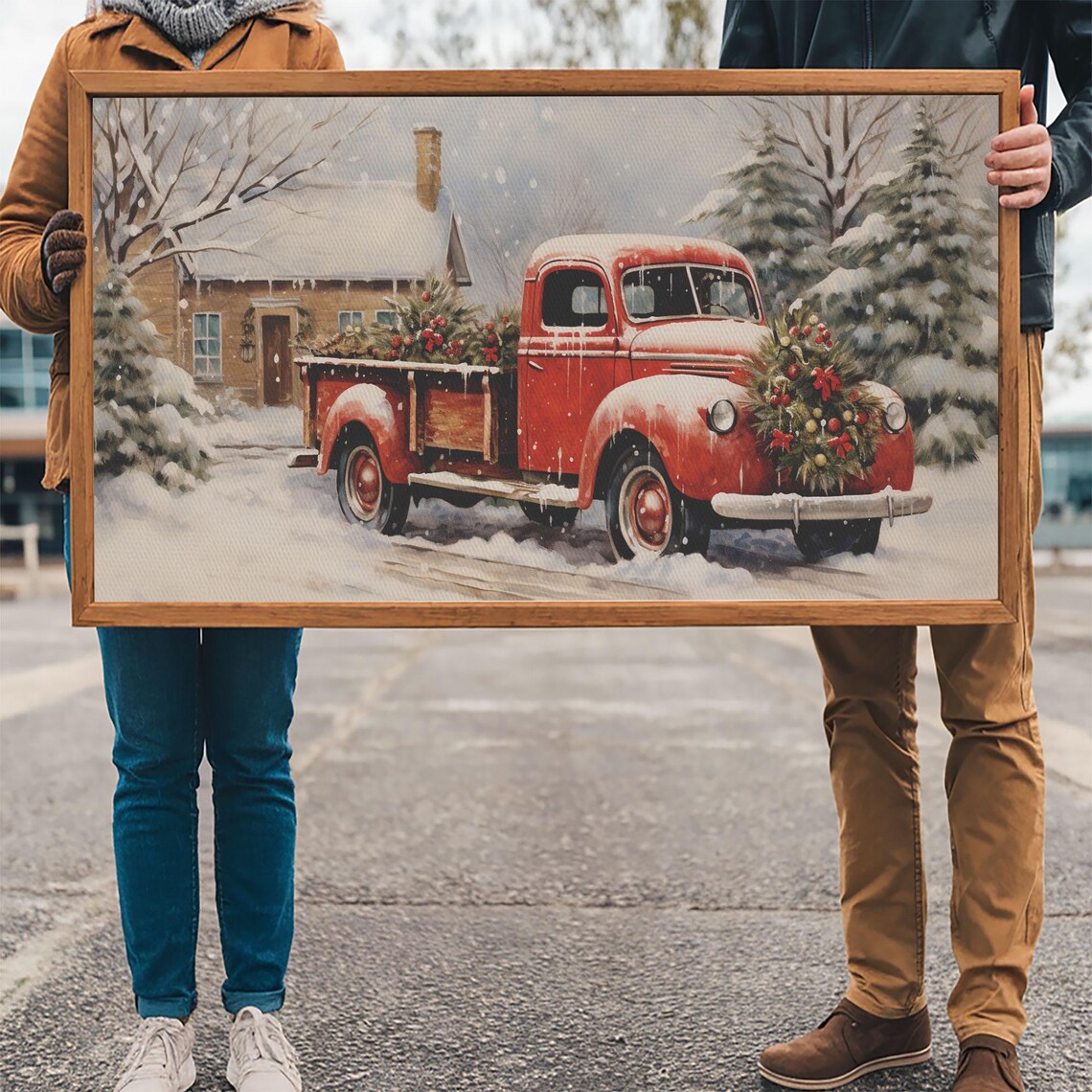 Vintage Red Truck With Wreath Hauling Tree In Snow Farmhouse Poster - Image 3