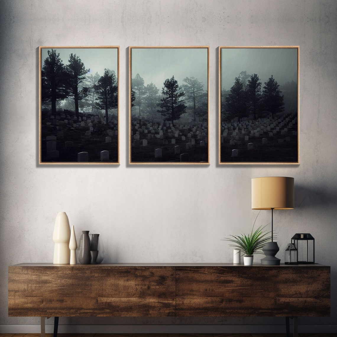 Spooky Foggy Graveyard With Dark Pines Three Piece Haunting Print