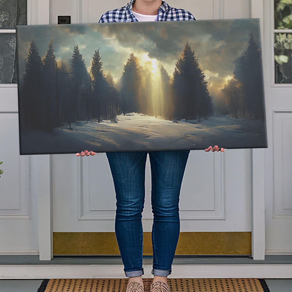 Snowy Pine Forest Sunbeam Winter Landscape Moody Nature Wall Poster - Image 4