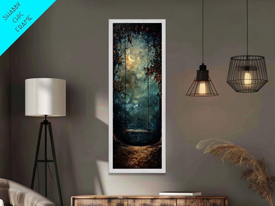 Tree Swing At Night Crescent Moon Dark Moody Forest Whimsical Scene Poster - Image 3