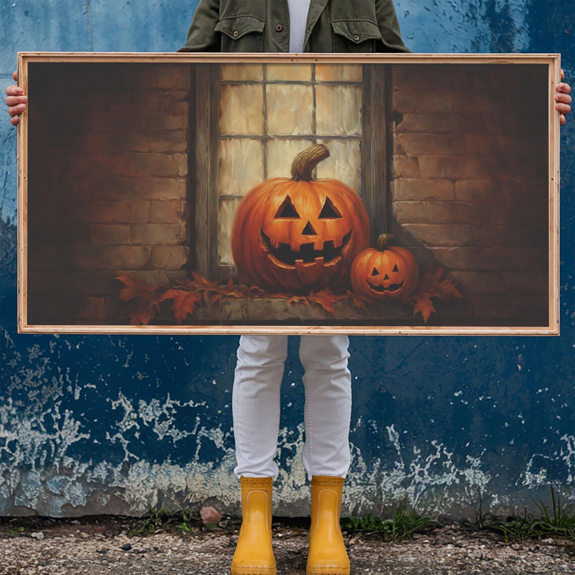 Jack O Lantern Pumpkins Windowsill Autumn Leaves Halloween Art Poster - Image 6