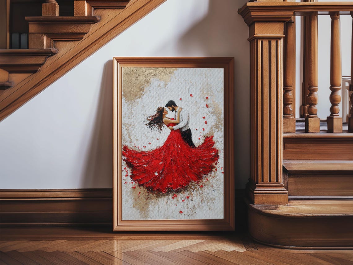 Couple Dancing In Flowing Red Dress Romantic Embrace Painting Poster - Image 5