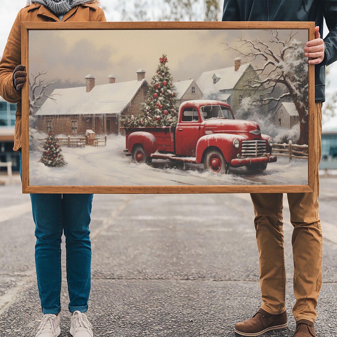 Retro Red Truck Delivering Christmas Tree To Barn In Snowfall Poster - Image 3
