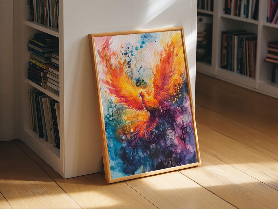Rising Phoenix Firebird Colorful Watercolor Fantasy Bird Print