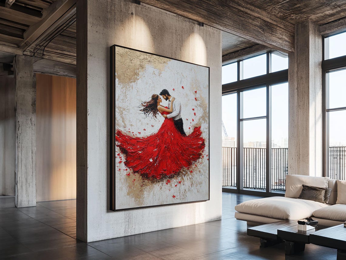 Couple Dancing In Flowing Red Dress Romantic Embrace Painting Poster - Image 4